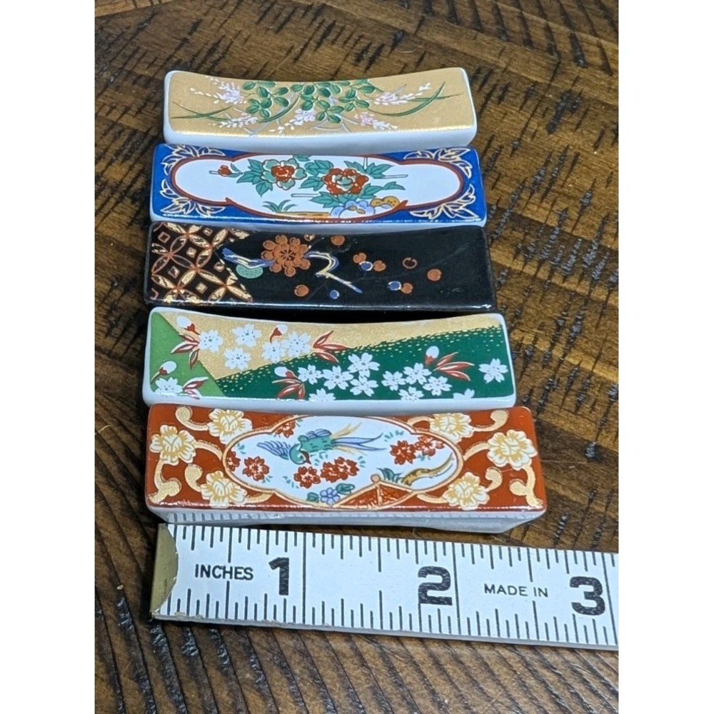 Vintage Japanese Porcelain Hashioki Chopstick Rests Set of 5 Floral Bird Boxed - Picture 6 of 6
